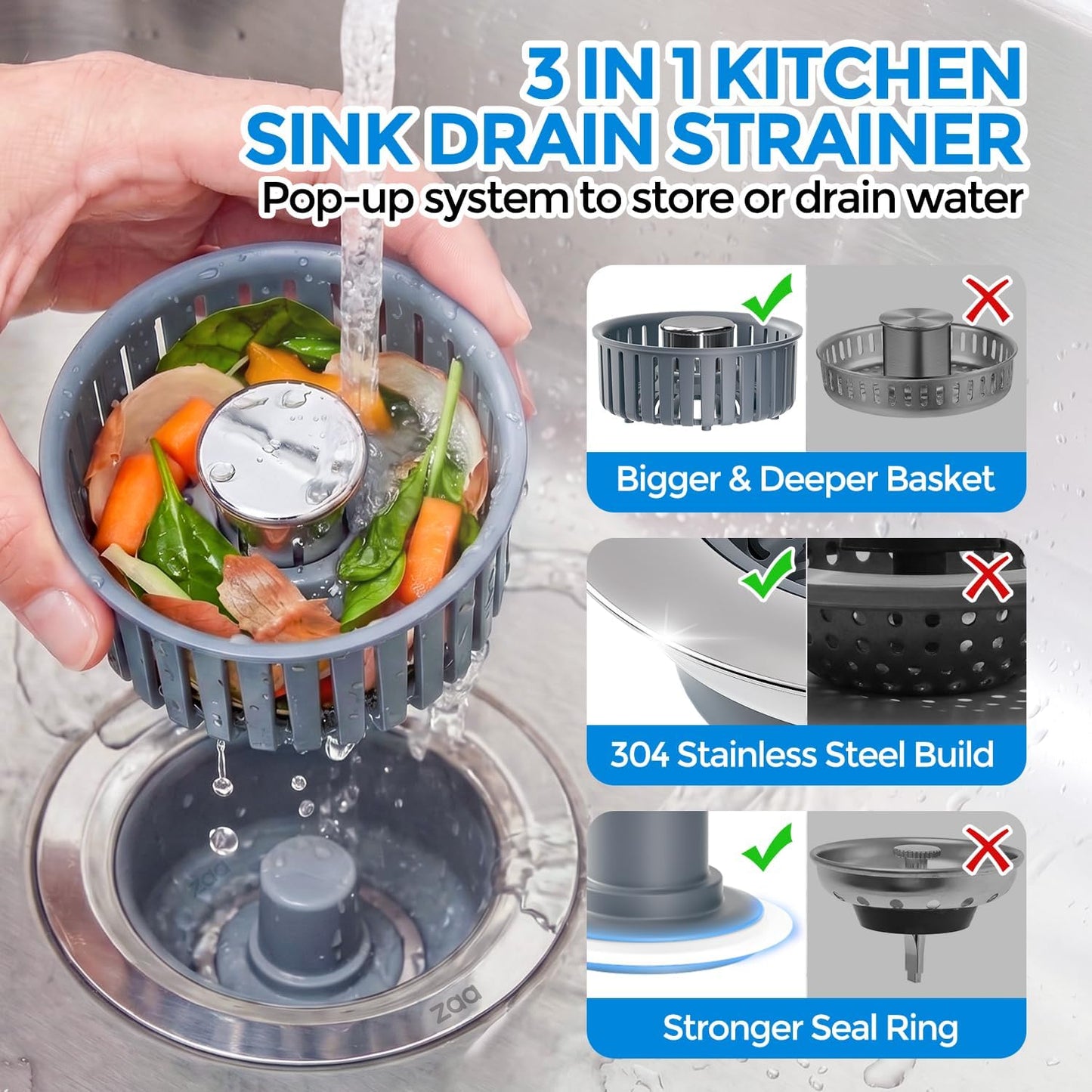 3-in-1 Universal Stainless Steel Sink Strainer & Stopper