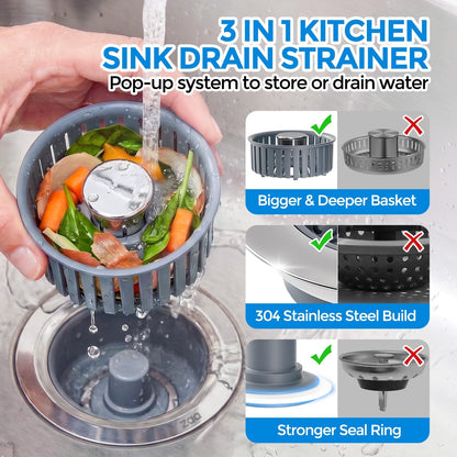 3-in-1 Universal Stainless Steel Sink Strainer & Stopper