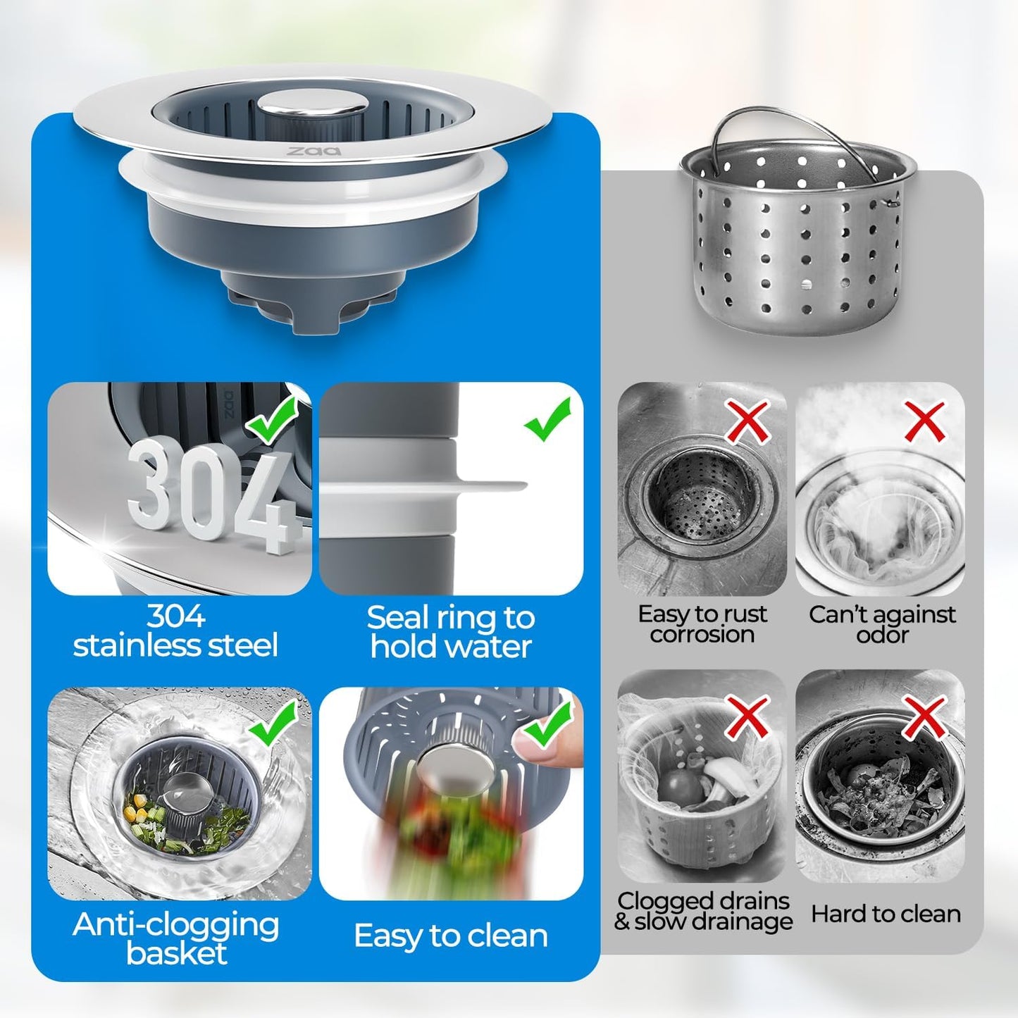 3-in-1 Universal Stainless Steel Sink Strainer & Stopper