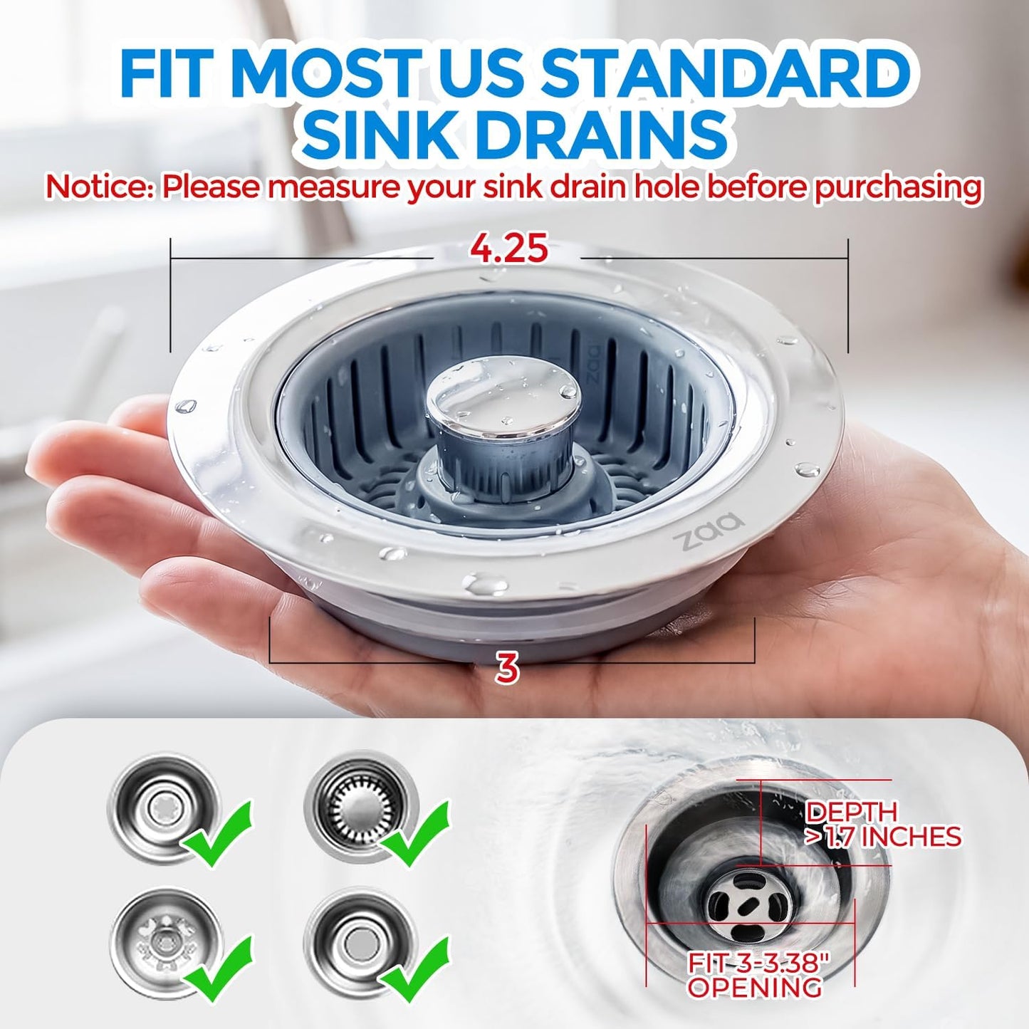 3-in-1 Universal Stainless Steel Sink Strainer & Stopper