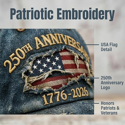 America 250th Anniversary Cap – Vintage Embroidery Patriotic Baseball Hat